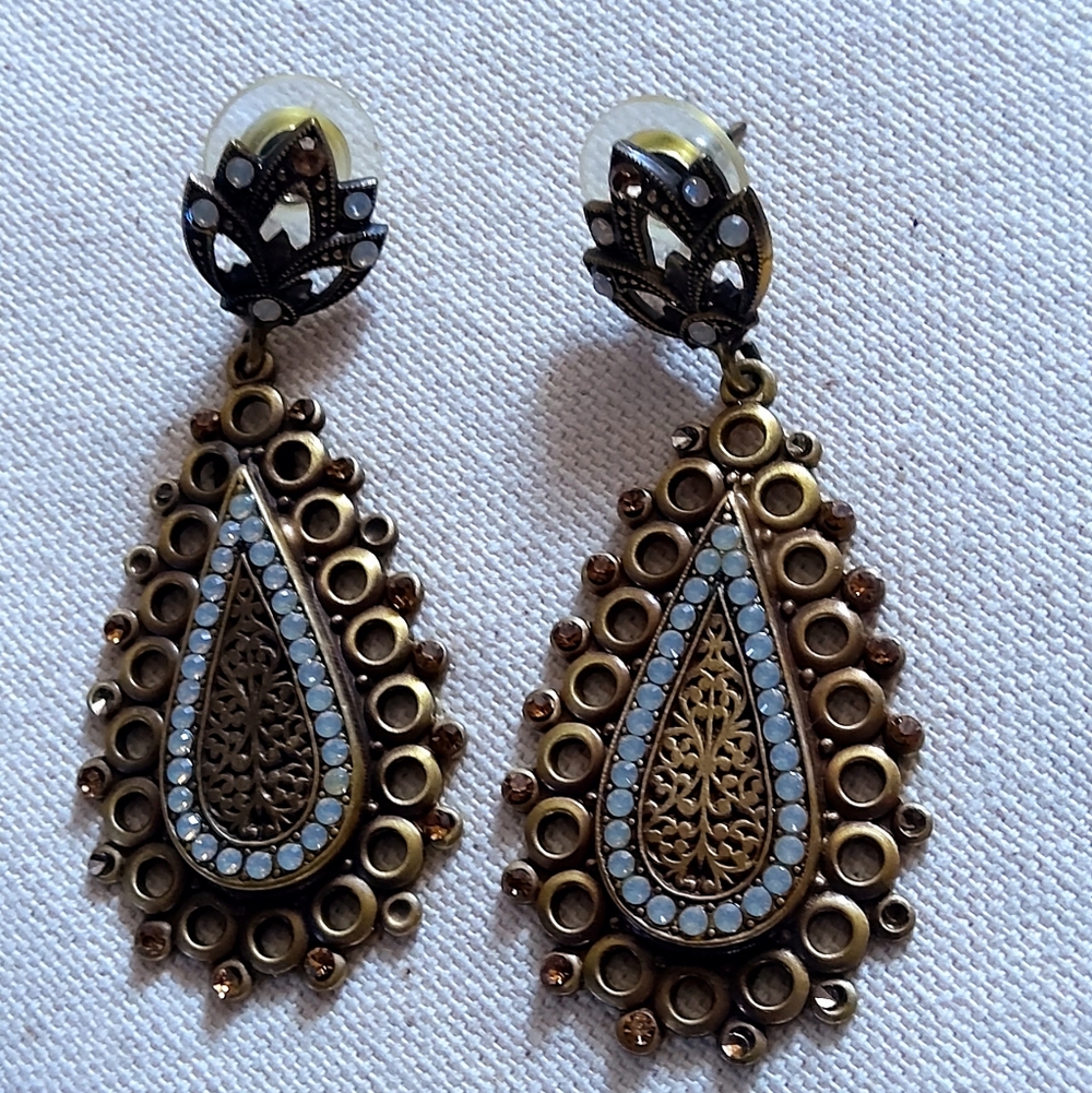 SHARRA PAGANO💥Vintage💥Bronze Teardrops Copper/Pearlescent Stone Earrings